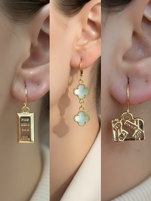 NKT Collection Bavul Turkuaz Yonca Külçe Altın Sembol Figürlü 3’lü Kadın Küpe Set