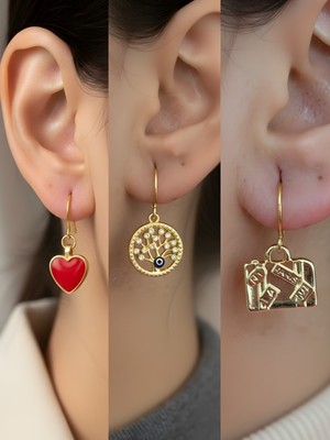 NKT Collection Bavul Hayat Ağacı Kırmızı Kalp Sembol Figürlü 3’lü Kadın Küpe Set