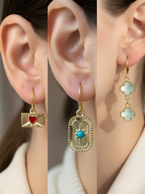 NKT Collection Turkuaz Yonca Tablet Kutup Yıldızı Kalp Zarf Sembol Figürlü 3’lü Kadın Küpe Set