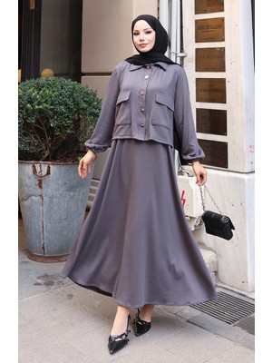 Fitilli Düğmeli Ceket Elbise Tesettür Takım 0219-06 Antrasit