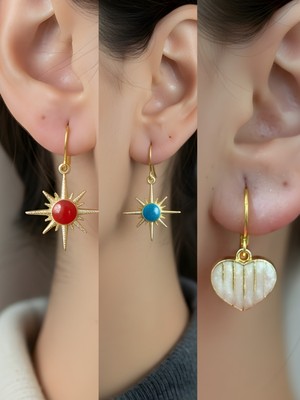 NKT Collection Beyaz Kalp Mavi Kutup Yıldızı Kırmızı Kutup Yıldızı Sembol Figürlü 3’lü Kadın Küpe Set