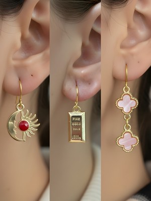 NKT Collection Pembe Yonca Külçe Altın Ay Güneş Sembol Figürlü 3’lü Kadın Küpe Set