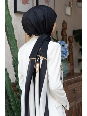 Vissona %100 Ipek Şerit ve Varak Desenli Siyah - Beyaz Renkli 92X210 Şal