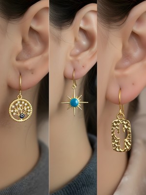 NKT Collection Kaktüs Mavi Kutup Yıldızı Hayat Ağacı Sembol Figürlü 3’lü Kadın Küpe Set