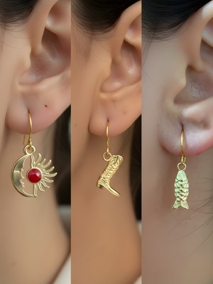 NKT Collection Kovboy Çizmesi Balık Ay Güneş Sembol Figürlü 3’lü Kadın Küpe Set