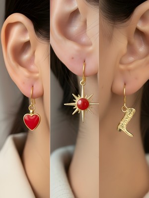 NKT Collection Kovboy Çizmesi Kırmızı Kutup Yıldızı Kırmızı Kalp Sembol Figürlü 3’lü Kadın Küpe Set