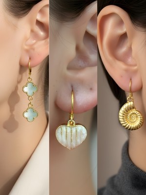 NKT Collection Deniz Kabuğu Beyaz Kalp Turkuaz Yonca Sembol Figürlü 3’lü Kadın Küpe Set