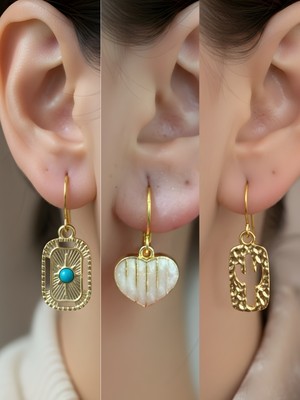 NKT Collection Kaktüs Beyaz Kalp Tablet Kutup Yıldızı Sembol Figürlü 3’lü Kadın Küpe Set