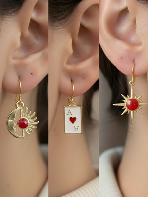 NKT Collection Kırmızı Kutup Yıldızı Kupa As Ay Güneş Sembol Figürlü 3’lü Kadın Küpe Set