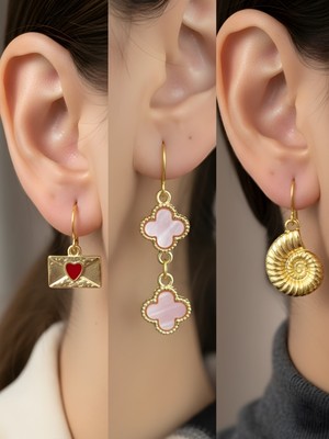 NKT Collection Deniz Kabuğu Pembe Yonca Kalp Zarf Sembol Figürlü 3’lü Kadın Küpe Set