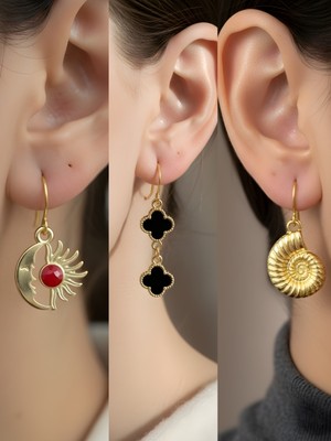 NKT Collection Deniz Kabuğu Siyah Yonca Ay Güneş Sembol Figürlü 3’lü Kadın Küpe Set