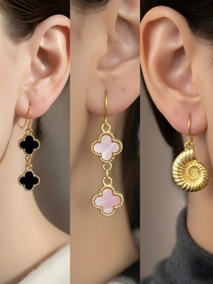 NKT Collection Deniz Kabuğu Siyah Yonca Pembe Yonca Sembol Figürlü 3’lü Kadın Küpe Set