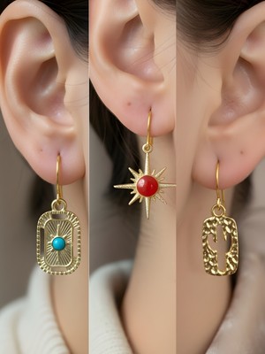 NKT Collection Kaktüs Tablet Kutup Yıldızı Kırmızı Kutup Yıldızı Sembol Figürlü 3’lü Kadın Küpe Set