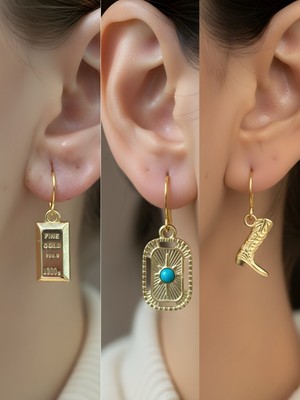 NKT Collection Kovboy Çizmesi Tablet Kutup Yıldızı Külçe Altın Sembol Figürlü 3’lü Kadın Küpe Set