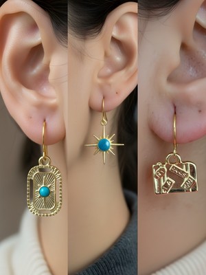 NKT Collection Bavul Mavi Kutup Yıldızı Tablet Kutup Yıldızı Sembol Figürlü 3’lü Kadın Küpe Set