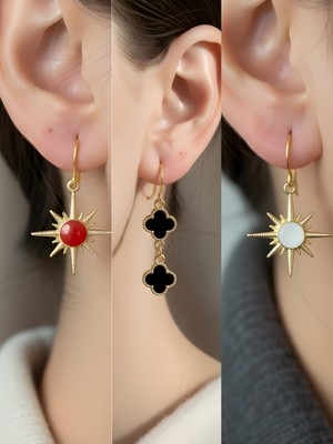 NKT Collection Beyaz Kutup Yıldızı Siyah Yonca Kırmızı Kutup Yıldızı Sembol Figürlü 3’lü Kadın Küpe Set