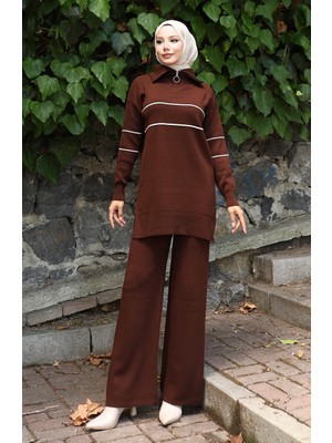 Triko Fermuarlı Tunik Pantolon Ikili Takım 1050-06 Kahverengi