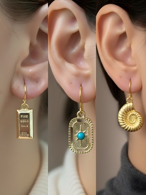 NKT Collection Deniz Kabuğu Tablet Kutup Yıldızı Külçe Altın Sembol Figürlü 3’lü Kadın Küpe Set