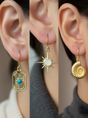 NKT Collection Beyaz Kutup Yıldızı Deniz Kabuğu Tablet Kutup Yıldızı Sembol Figürlü 3’lü Kadın Küpe Set