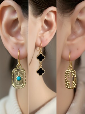 NKT Collection Kaktüs Siyah Yonca Tablet Kutup Yıldızı Sembol Figürlü 3’lü Kadın Küpe Set