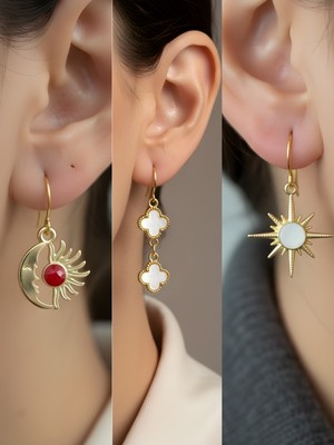 NKT Collection Beyaz Kutup Yıldızı Beyaz Yonca Ay Güneş Sembol Figürlü 3’lü Kadın Küpe Set