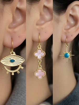 NKT Collection Mavi Kutup Yıldızı Pembe Yonca Göz Sembol Figürlü 3’lü Kadın Küpe Set