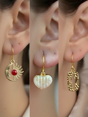 NKT Collection Kaktüs Beyaz Kalp Ay Güneş Sembol Figürlü 3’lü Kadın Küpe Set