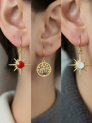 NKT Collection Beyaz Kutup Yıldızı Kırmızı Kutup Yıldızı Hayat Ağacı Sembol Figürlü 3’lü Kadın Küpe Set