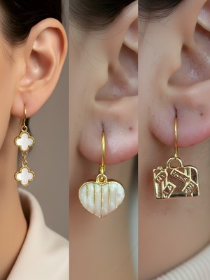 NKT Collection Beyaz Kalp Bavul Beyaz Yonca Sembol Figürlü 3’lü Kadın Küpe Set