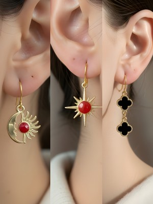 NKT Collection Siyah Yonca Kırmızı Kutup Yıldızı Ay Güneş Sembol Figürlü 3’lü Kadın Küpe Set