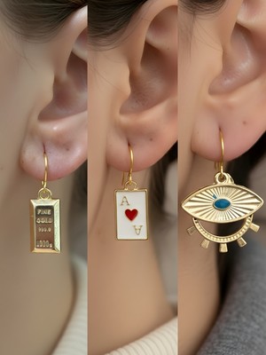 NKT Collection Göz Kupa As Külçe Altın Sembol Figürlü 3’lü Kadın Küpe Set