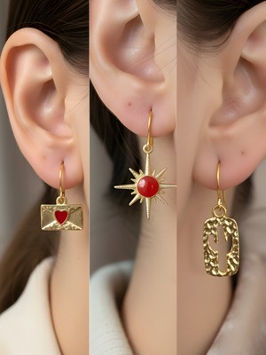 NKT Collection Kaktüs Kırmızı Kutup Yıldızı Kalp Zarf Sembol Figürlü 3’lü Kadın Küpe Set