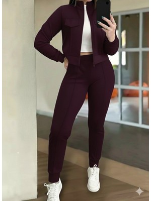 Tua Moda Kadın Uzun Kollu Önden Fermuarlı Kısa Modal Mor Ceket ve Pantolon Ikili Takım