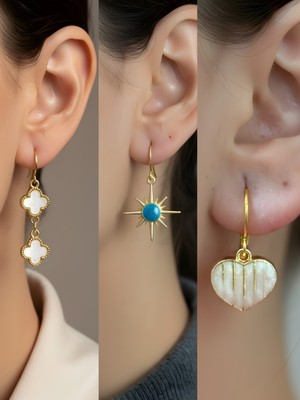 NKT Collection Beyaz Kalp Mavi Kutup Yıldızı Beyaz Yonca Sembol Figürlü 3’lü Kadın Küpe Set