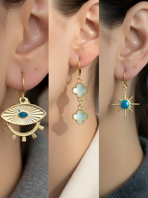 NKT Collection Mavi Kutup Yıldızı Turkuaz Yonca Göz Sembol Figürlü 3’lü Kadın Küpe Set