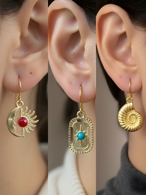 NKT Collection Deniz Kabuğu Tablet Kutup Yıldızı Ay Güneş Sembol Figürlü 3’lü Kadın Küpe Set