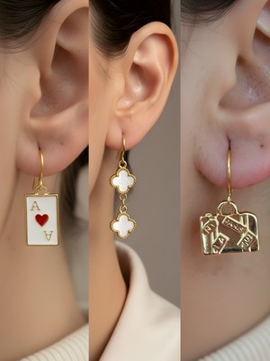 NKT Collection Bavul Beyaz Yonca Kupa As Sembol Figürlü 3’lü Kadın Küpe Set