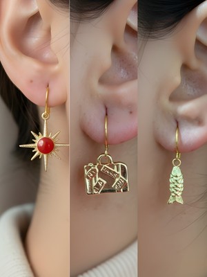 NKT Collection Balık Bavul Kırmızı Kutup Yıldızı Sembol Figürlü 3’lü Kadın Küpe Set