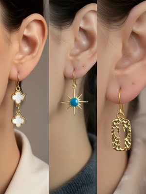 NKT Collection Kaktüs Mavi Kutup Yıldızı Beyaz Yonca Sembol Figürlü 3’lü Kadın Küpe Set