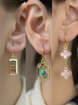 NKT Collection Pembe Yonca Tablet Kutup Yıldızı Külçe Altın Sembol Figürlü 3’lü Kadın Küpe Set