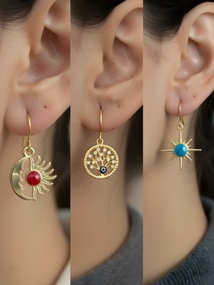 NKT Collection Mavi Kutup Yıldızı Hayat Ağacı Ay Güneş Sembol Figürlü 3’lü Kadın Küpe Set