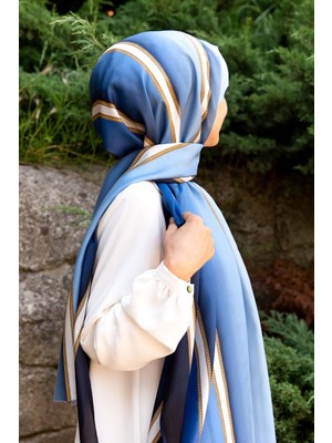 Vissona %100 Ipek Şerit Desenli Lacivert - Buz Mavisi Renkli 92X210 Şal