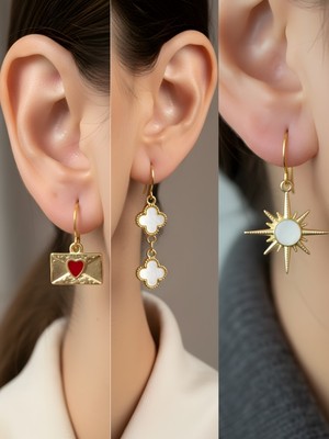 NKT Collection Beyaz Kutup Yıldızı Beyaz Yonca Kalp Zarf Sembol Figürlü 3’lü Kadın Küpe Set