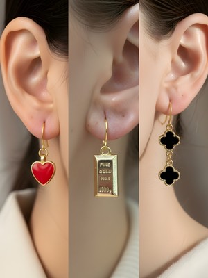 NKT Collection Siyah Yonca Kırmızı Kalp Külçe Altın Sembol Figürlü 3’lü Kadın Küpe Set