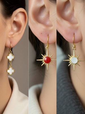 NKT Collection Beyaz Kutup Yıldızı Beyaz Yonca Kırmızı Kutup Yıldızı Sembol Figürlü 3’lü Kadın Küpe Set