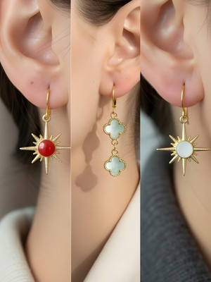 NKT Collection Beyaz Kutup Yıldızı Turkuaz Yonca Kırmızı Kutup Yıldızı Sembol Figürlü 3’lü Kadın Küpe Set