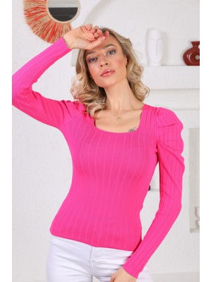 Pinpery Kadın Fuşya Kolu Pileli Büzgülü Prenses Kol Kare Yaka Bluz Kazak