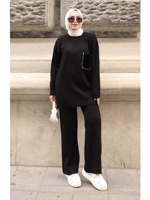 Triko Cep Detaylı Tunik Pantolon Ikili Takım 1093-01 Siyah