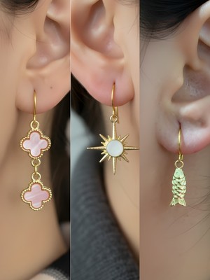 NKT Collection Beyaz Kutup Yıldızı Balık Pembe Yonca Sembol Figürlü 3’lü Kadın Küpe Set