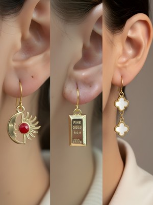 NKT Collection Beyaz Yonca Külçe Altın Ay Güneş Sembol Figürlü 3’lü Kadın Küpe Set